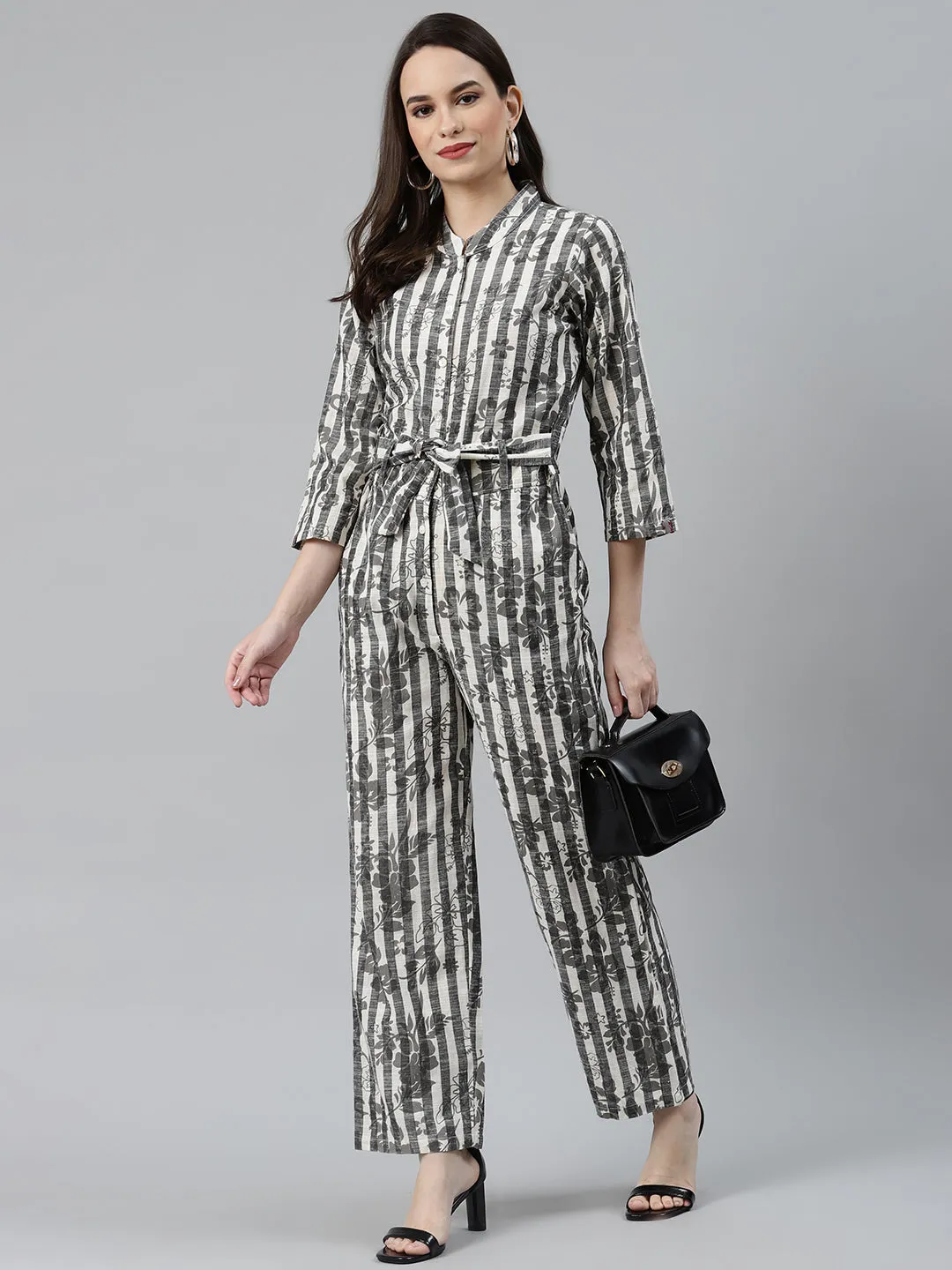 Jashvi Women Off-White & Grey Striped Mandarin Collar Basic Jumpsuit