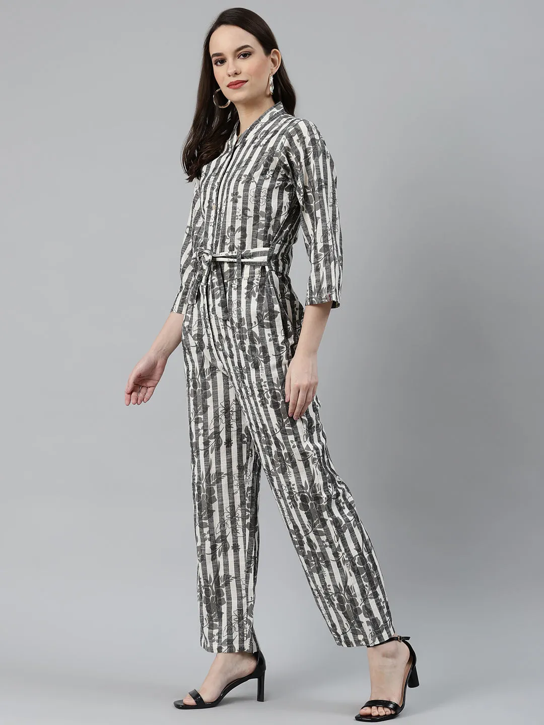 Jashvi Women Off-White & Grey Striped Mandarin Collar Basic Jumpsuit