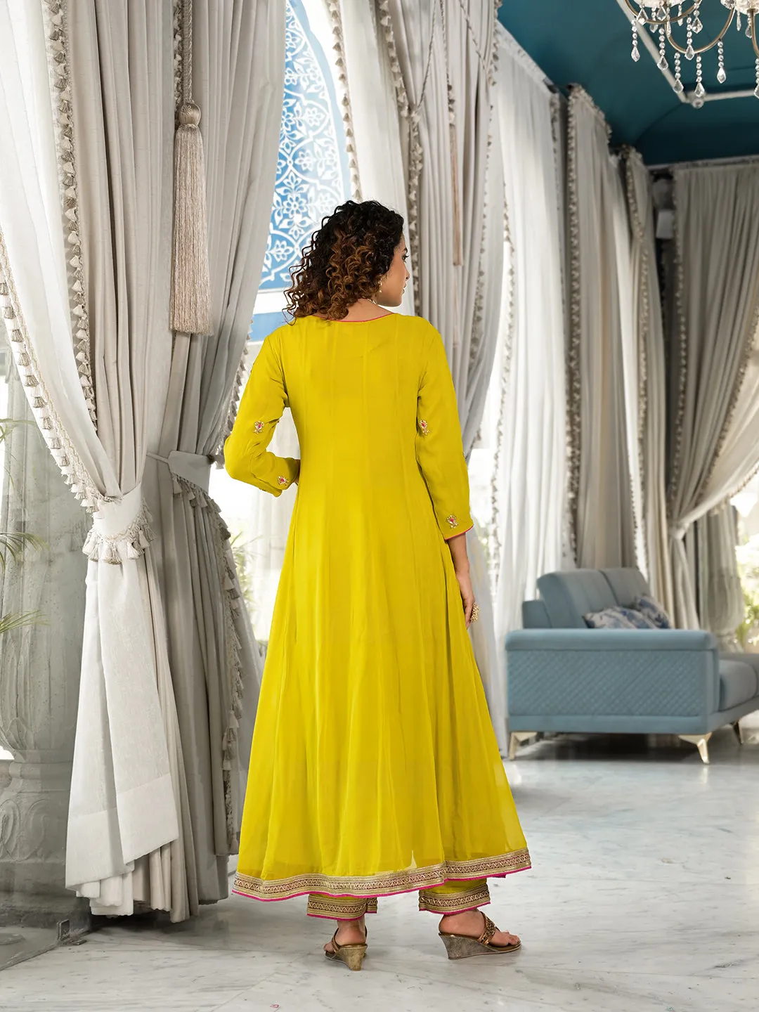 Jashvi Yellow Zardozi Work Pure Georgette Anarkali Kurta Set with Dupatta