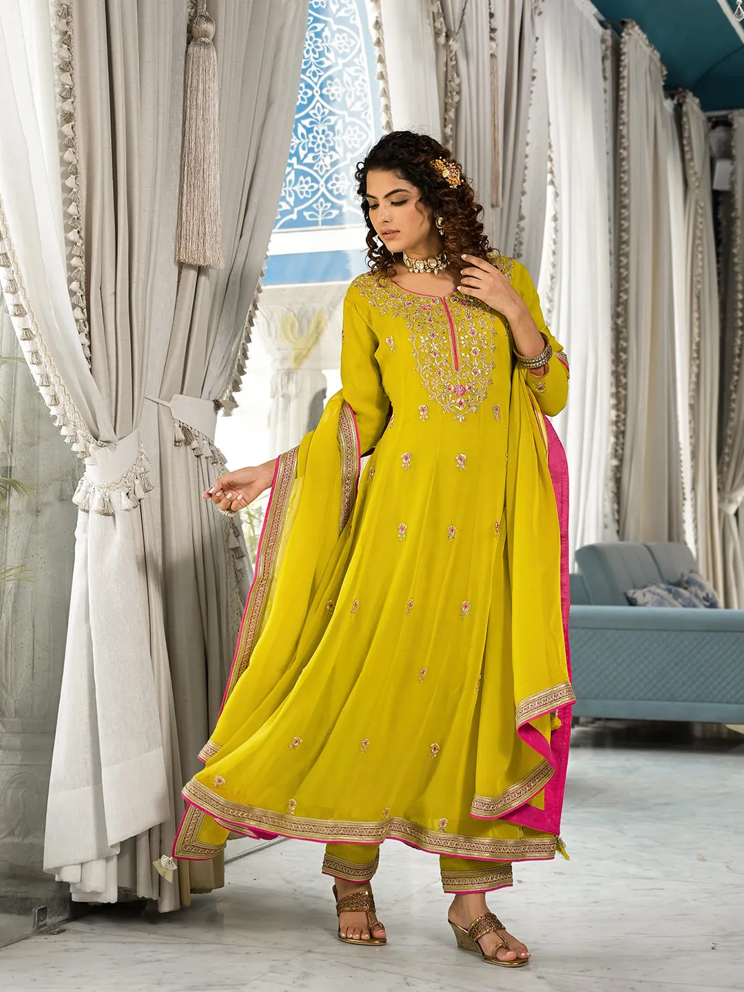 Jashvi Yellow Zardozi Work Pure Georgette Anarkali Kurta Set with Dupatta