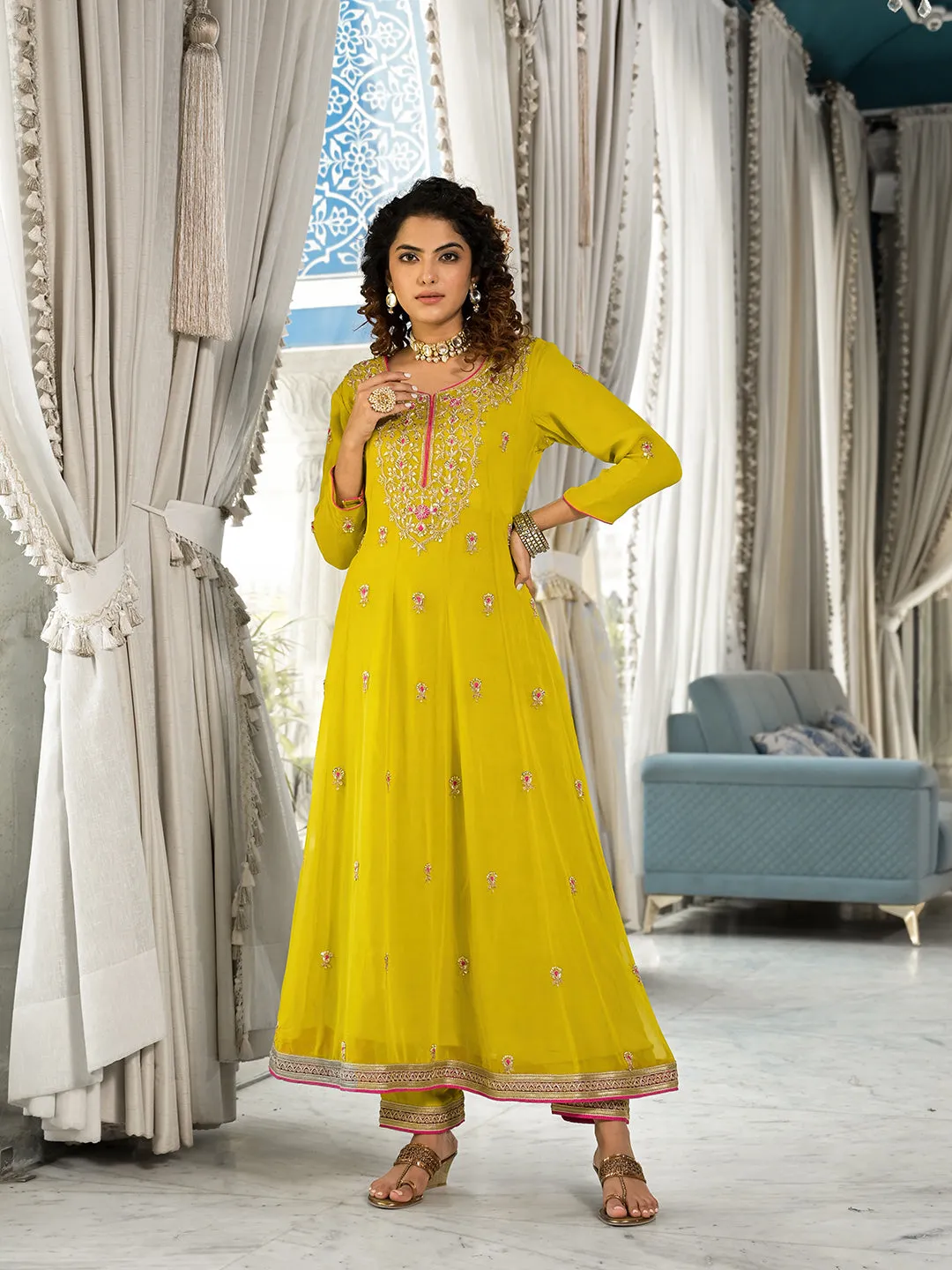 Jashvi Yellow Zardozi Work Pure Georgette Anarkali Kurta Set with Dupatta