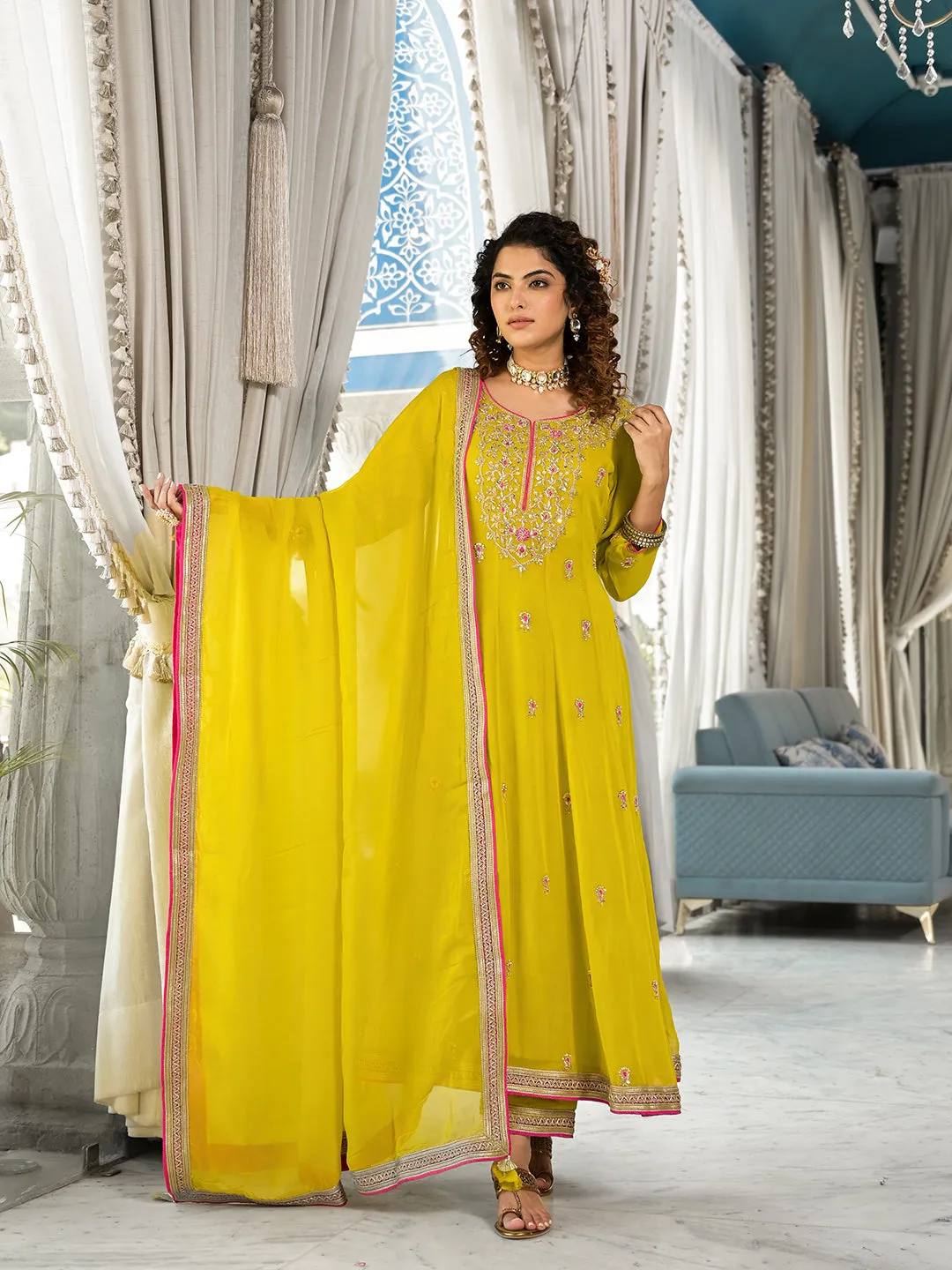 Jashvi Yellow Zardozi Work Pure Georgette Anarkali Kurta Set with Dupatta