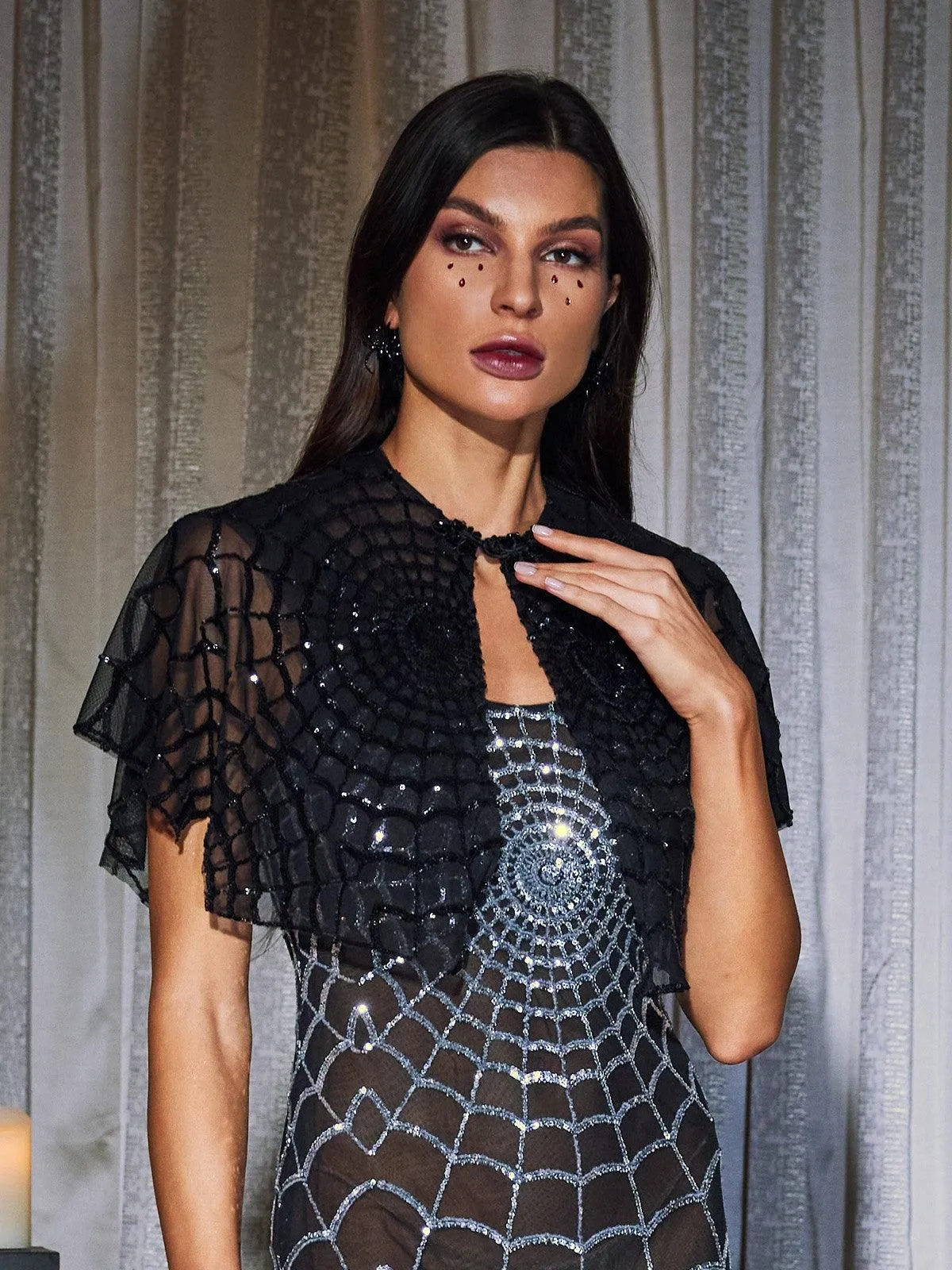 Kaydie Sequin Cobweb Mesh Shawl