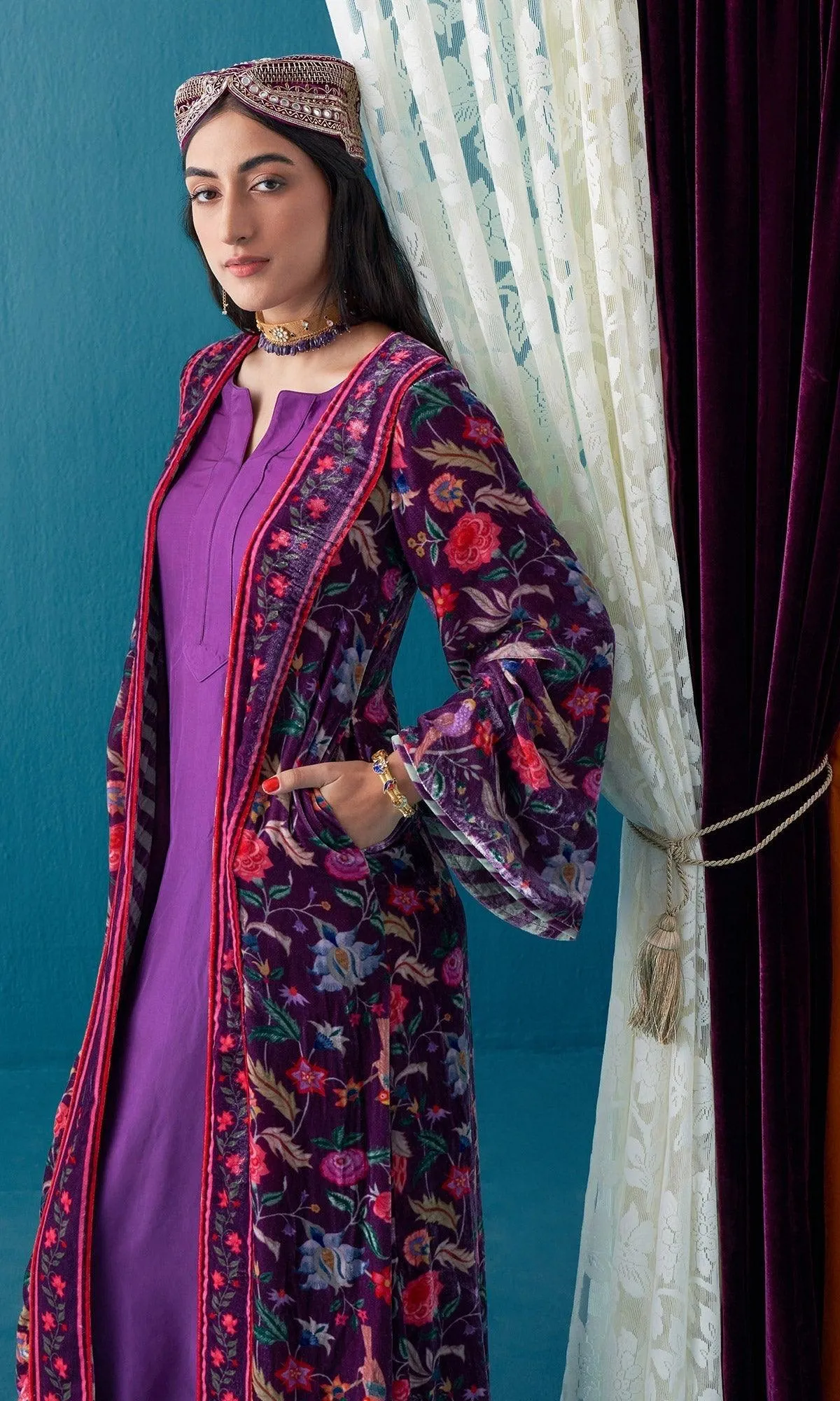 Khizaan Chintz Plum Velvet Jacket Only