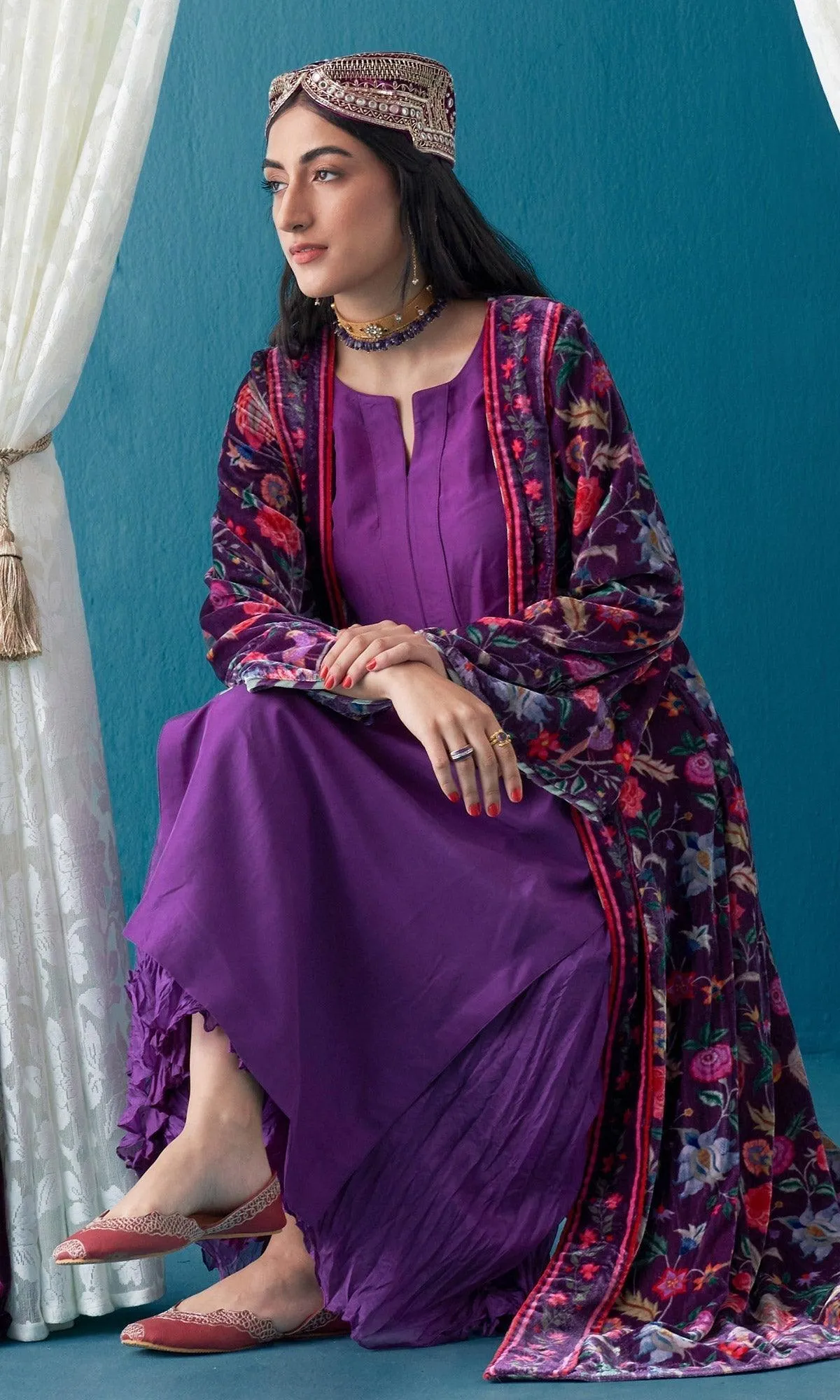 Khizaan Chintz Plum Velvet Jacket Only