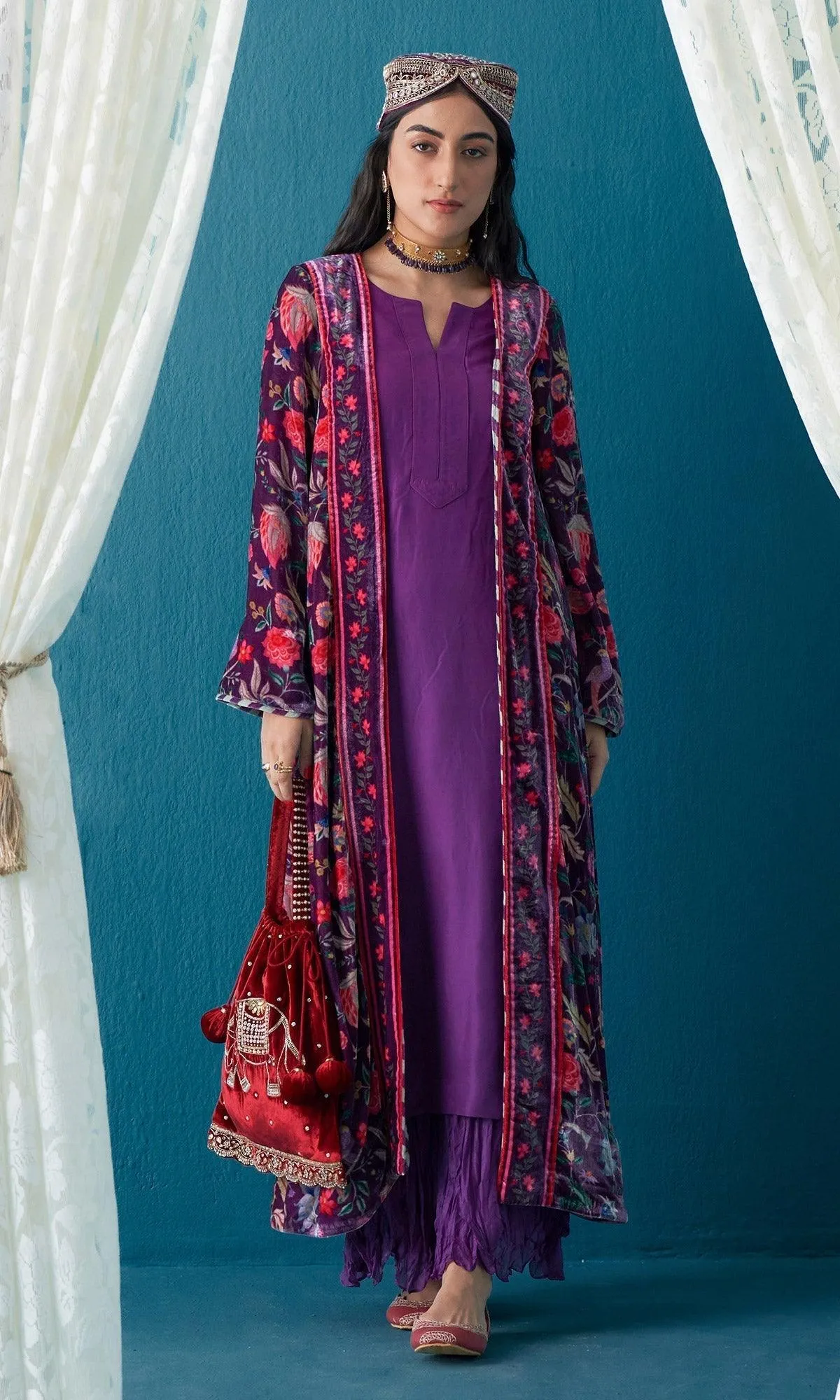 Khizaan Chintz Plum Velvet Jacket Only