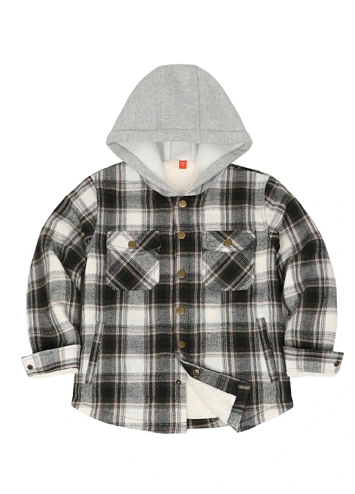 Kids Boys and Girls Fleece-Lined Snap Flannel Shirt,Hooded Plaid Jacket