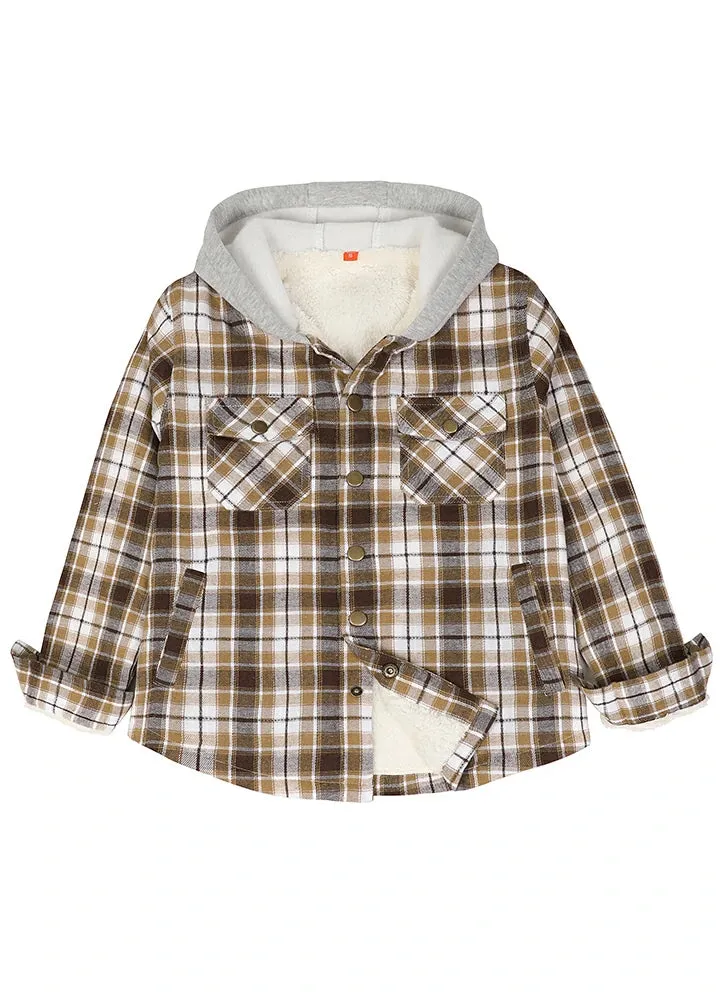 Kids Boys and Girls Fleece-Lined Snap Flannel Shirt,Hooded Plaid Jacket