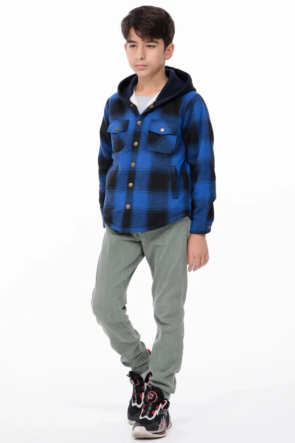 Kids Boys and Girls Fleece-Lined Snap Flannel Shirt,Hooded Plaid Jacket