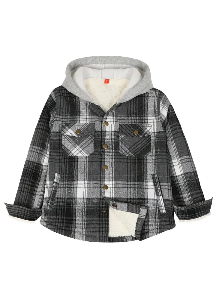 Kids Boys and Girls Fleece-Lined Snap Flannel Shirt,Hooded Plaid Jacket