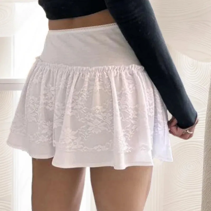 Korean Fashion White A-Line Mini Skirt Lace Patchwork Sweet Bow Asymmetrical Summer Skirts Women Ruched Preppy Girls