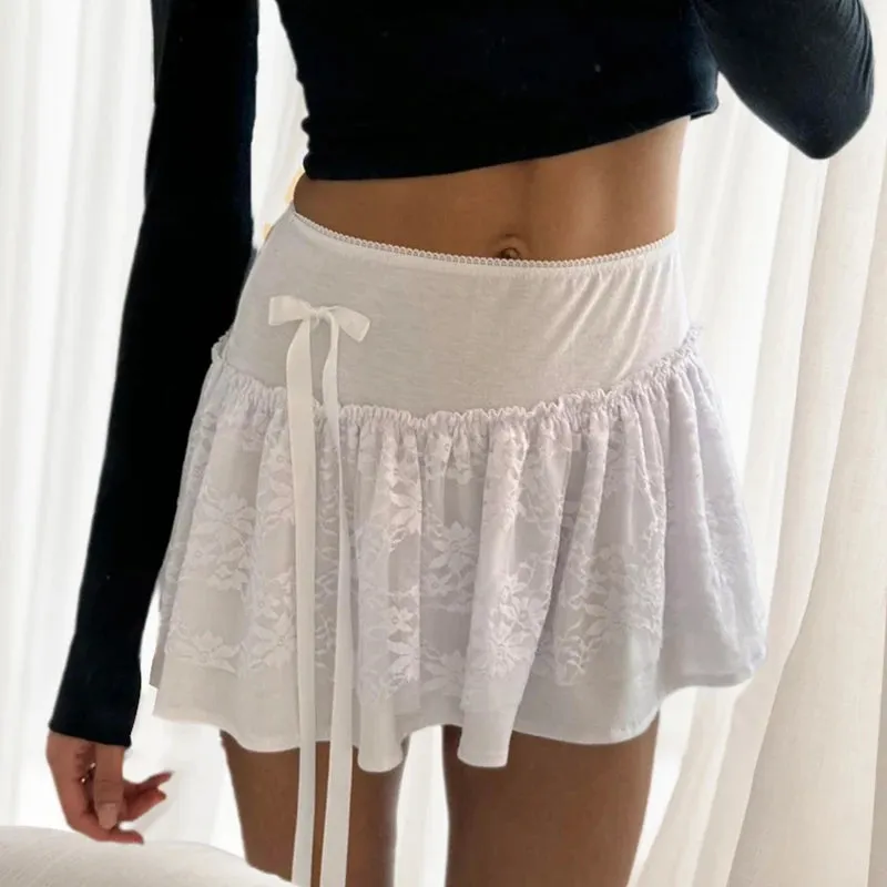 Korean Fashion White A-Line Mini Skirt Lace Patchwork Sweet Bow Asymmetrical Summer Skirts Women Ruched Preppy Girls