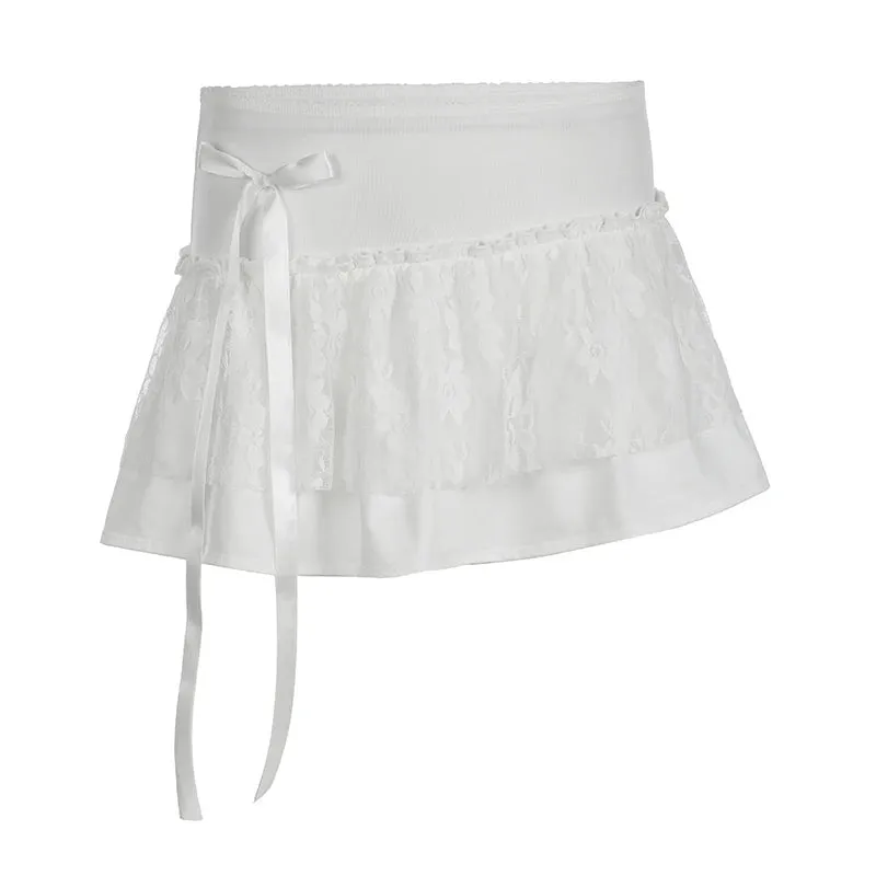 Korean Fashion White A-Line Mini Skirt Lace Patchwork Sweet Bow Asymmetrical Summer Skirts Women Ruched Preppy Girls