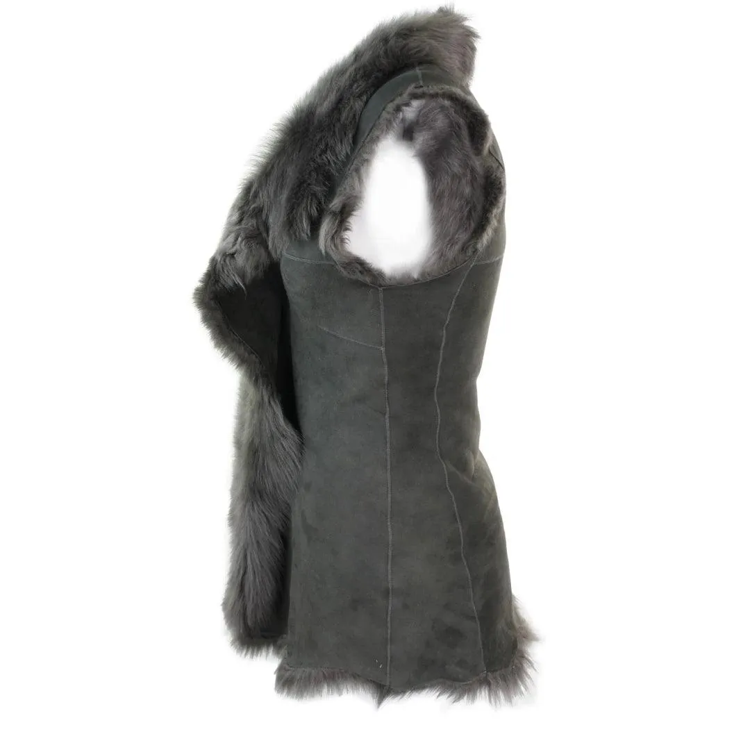 Ladies Women Real Spanish Toscana Shearling Sheepskin Grey Leather Waistcoat Gillet