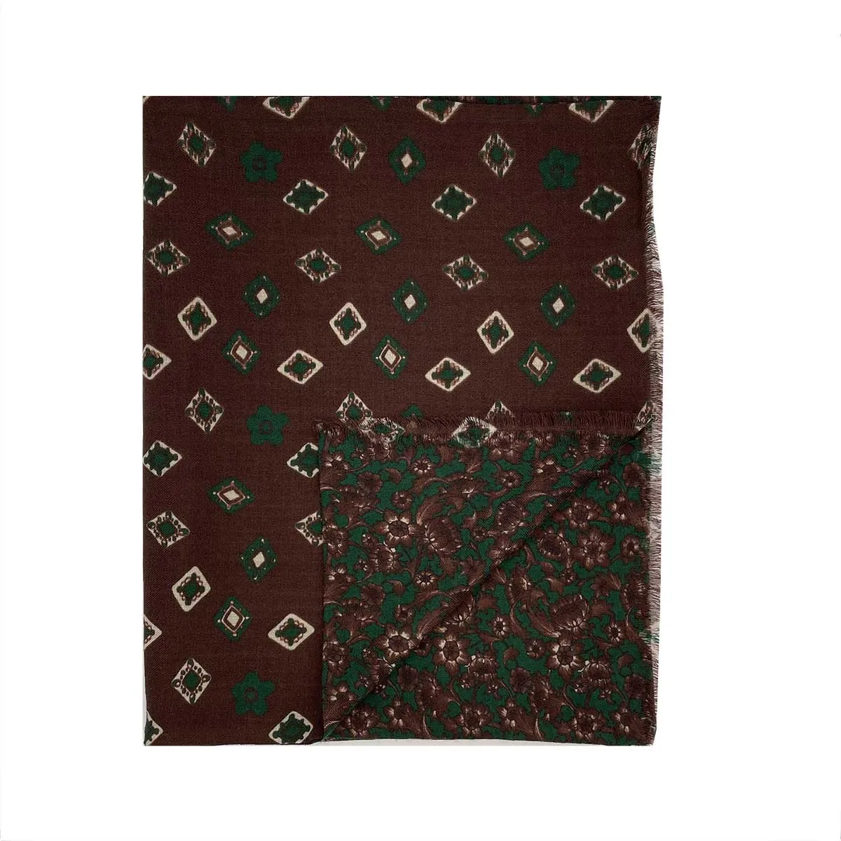 LAVANDA - brown and green floral and diamonds printed wool hand made scarf