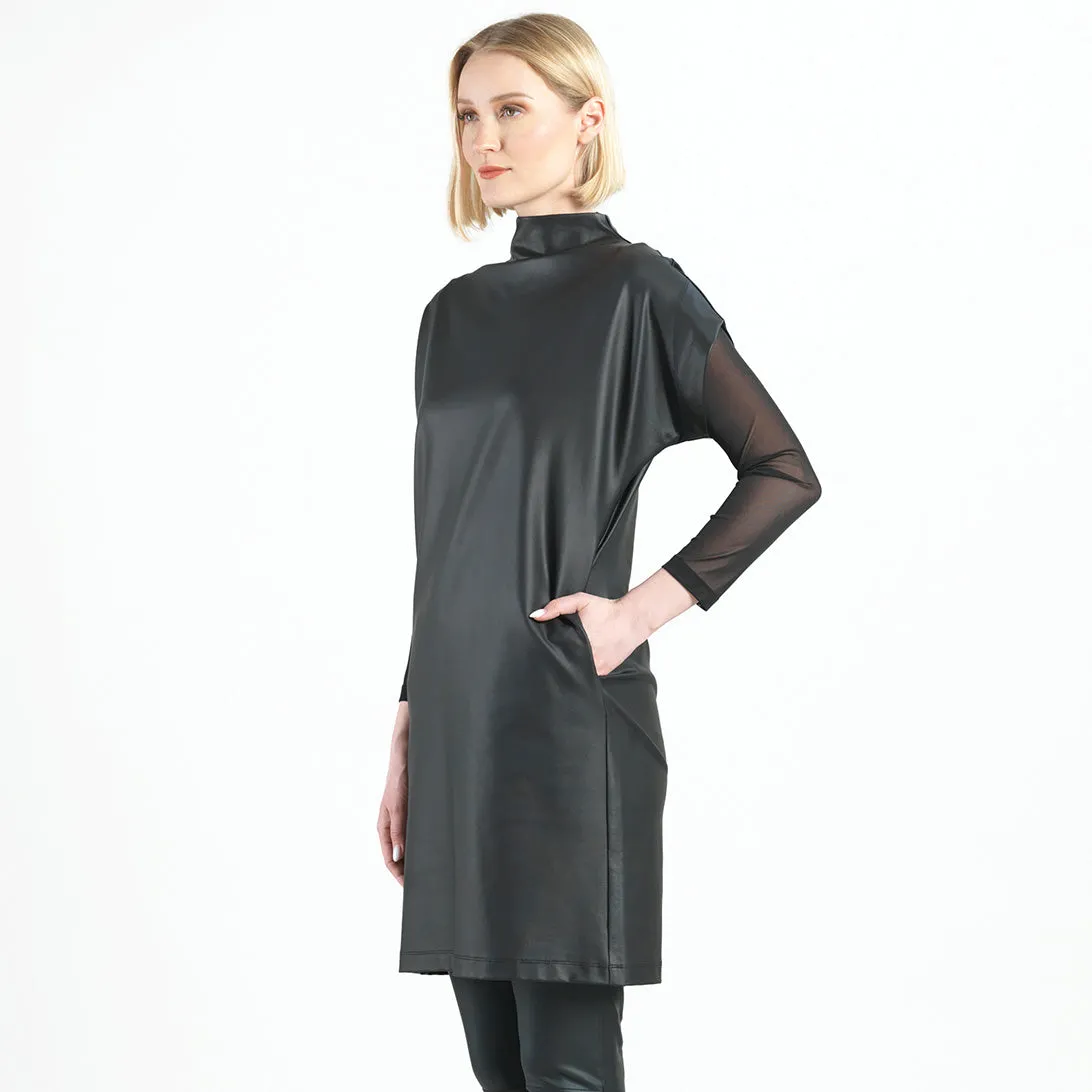 Liquid Leather™ - High Neck Tunic Pocket Dress - Black - Final Sale!