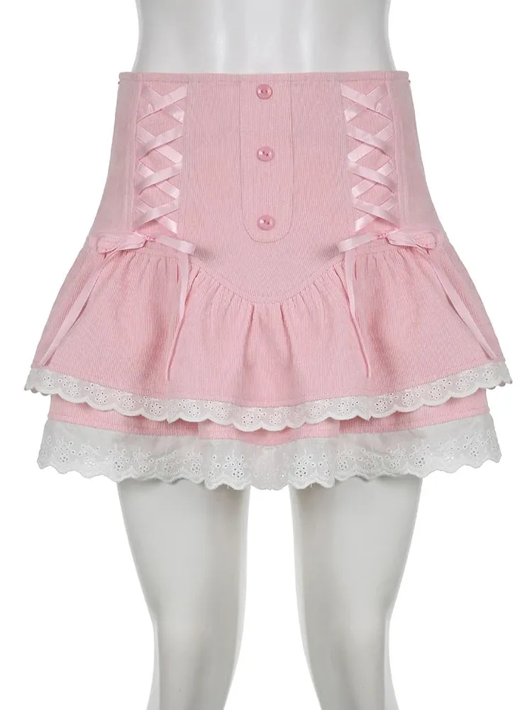 Lolita Style Sweet Pink Lace Trim High Waist Mini Skirt Women Harajuku Korean Tie Up Pleated Skirt Double Layer Cute