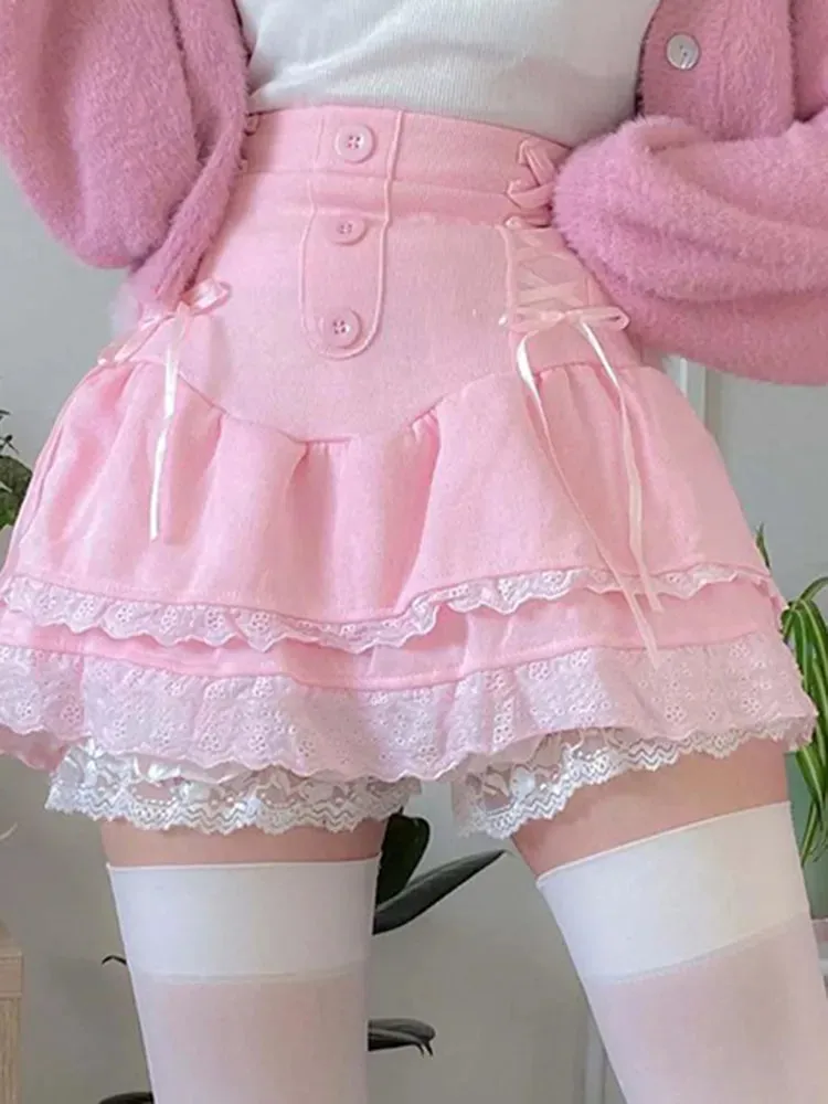 Lolita Style Sweet Pink Lace Trim High Waist Mini Skirt Women Harajuku Korean Tie Up Pleated Skirt Double Layer Cute