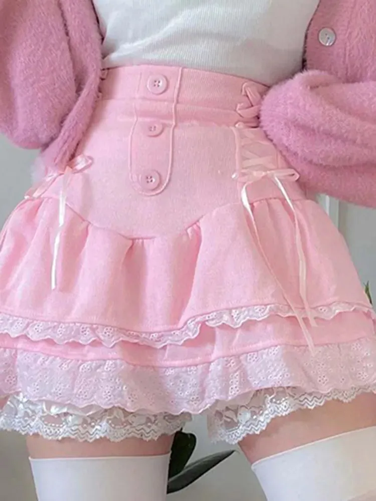 Lolita Style Sweet Pink Lace Trim High Waist Mini Skirt Women Harajuku Korean Tie Up Pleated Skirt Double Layer Cute