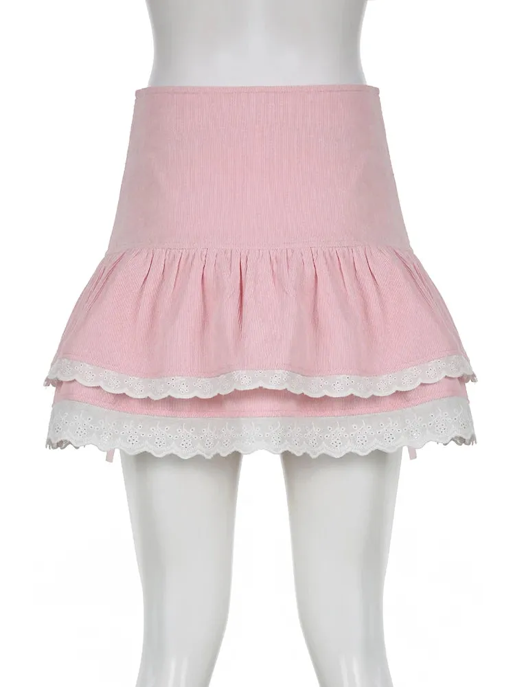 Lolita Style Sweet Pink Lace Trim High Waist Mini Skirt Women Harajuku Korean Tie Up Pleated Skirt Double Layer Cute