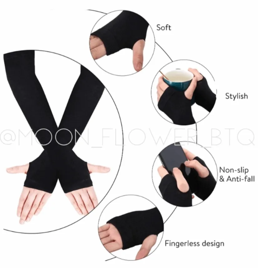 Long Fingerless Gloves Arm Warmers Black