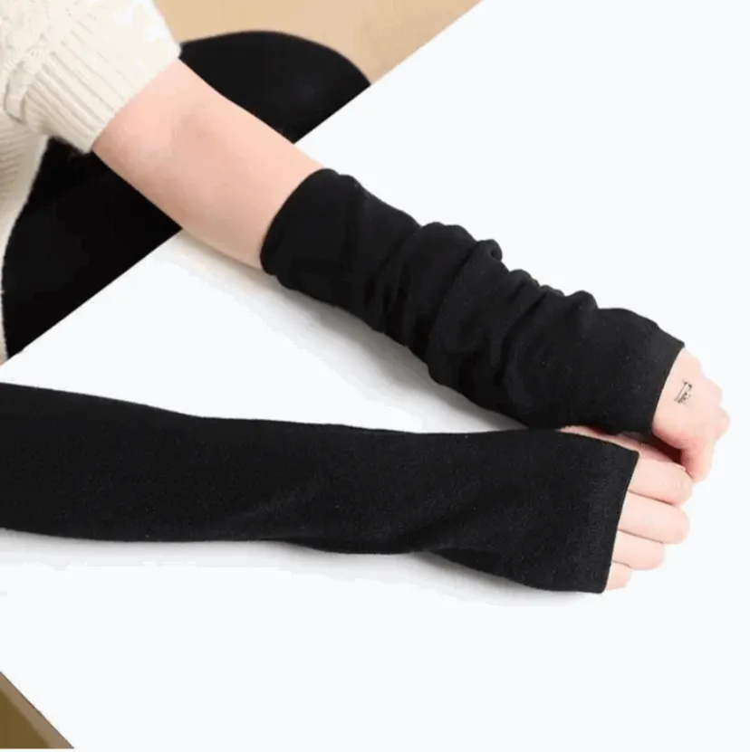 Long Fingerless Gloves Arm Warmers Black