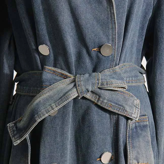 Long length denim coat lace up  jean coat  for women