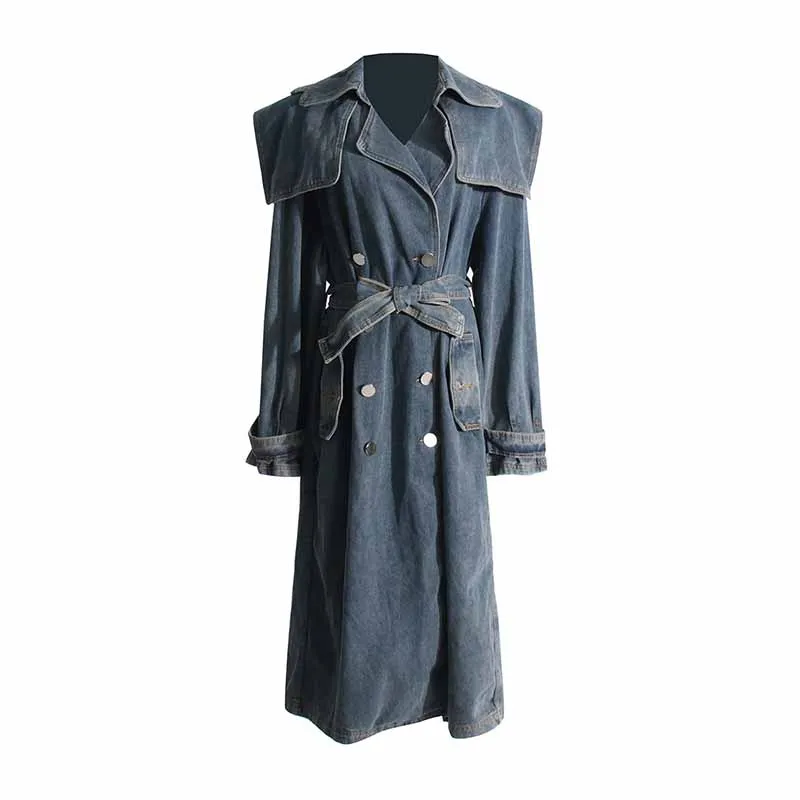 Long length denim coat lace up  jean coat  for women