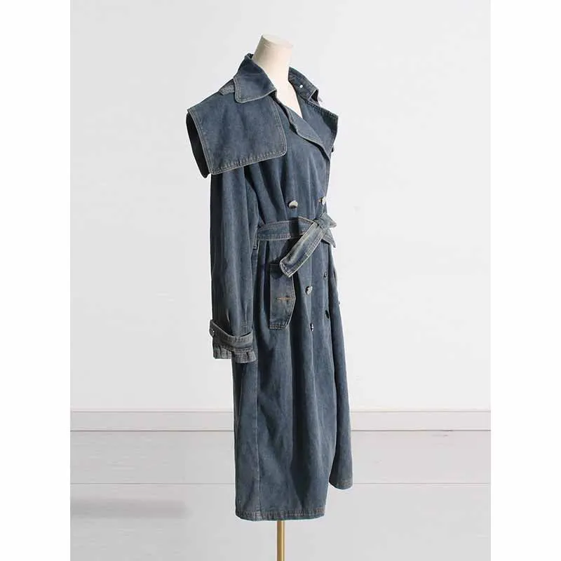 Long length denim coat lace up  jean coat  for women