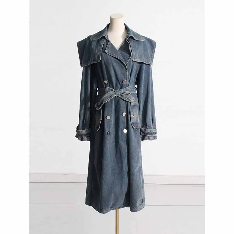 Long length denim coat lace up  jean coat  for women