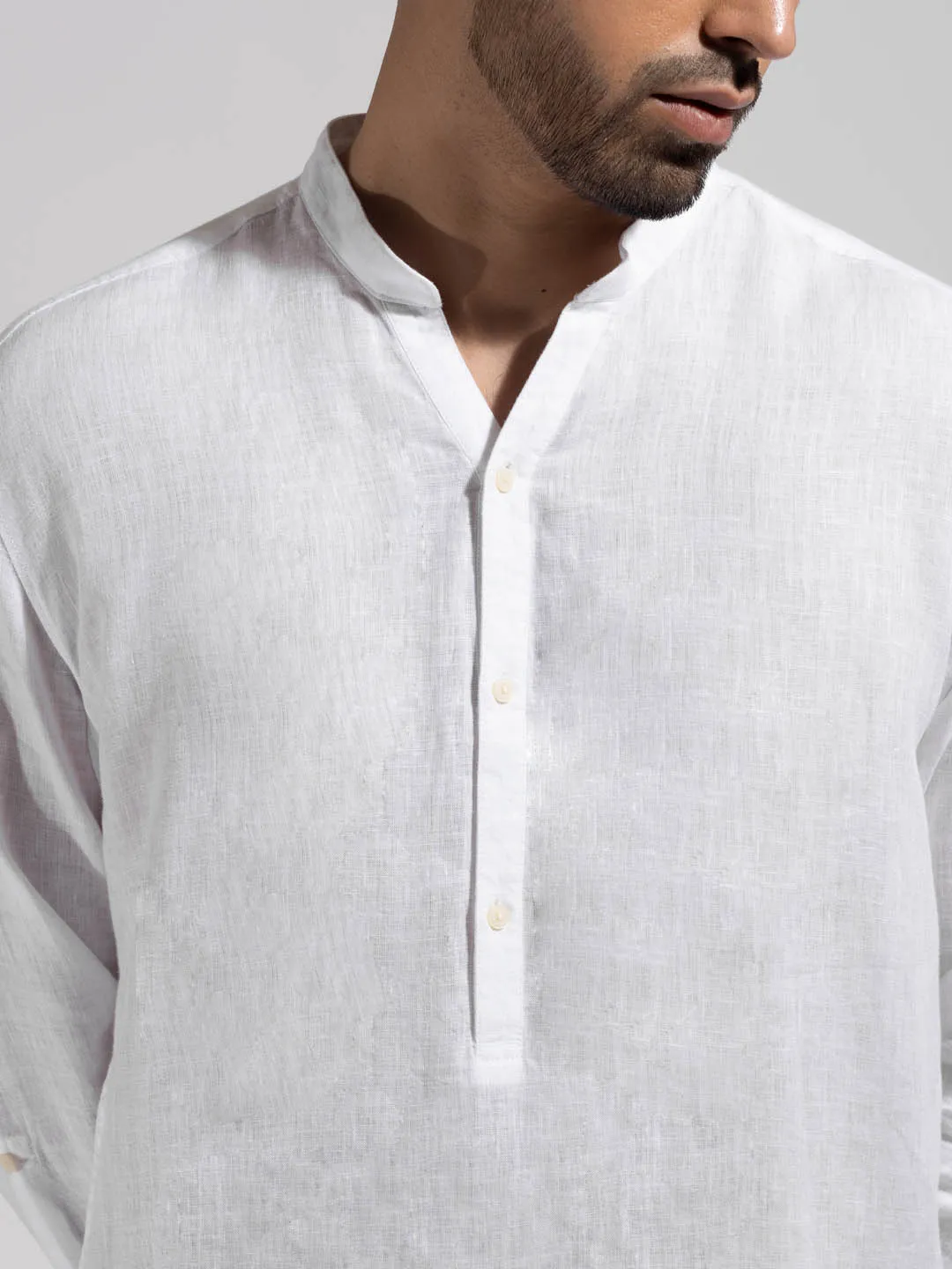 Mandarin Collar Woven White Kurta - Essence