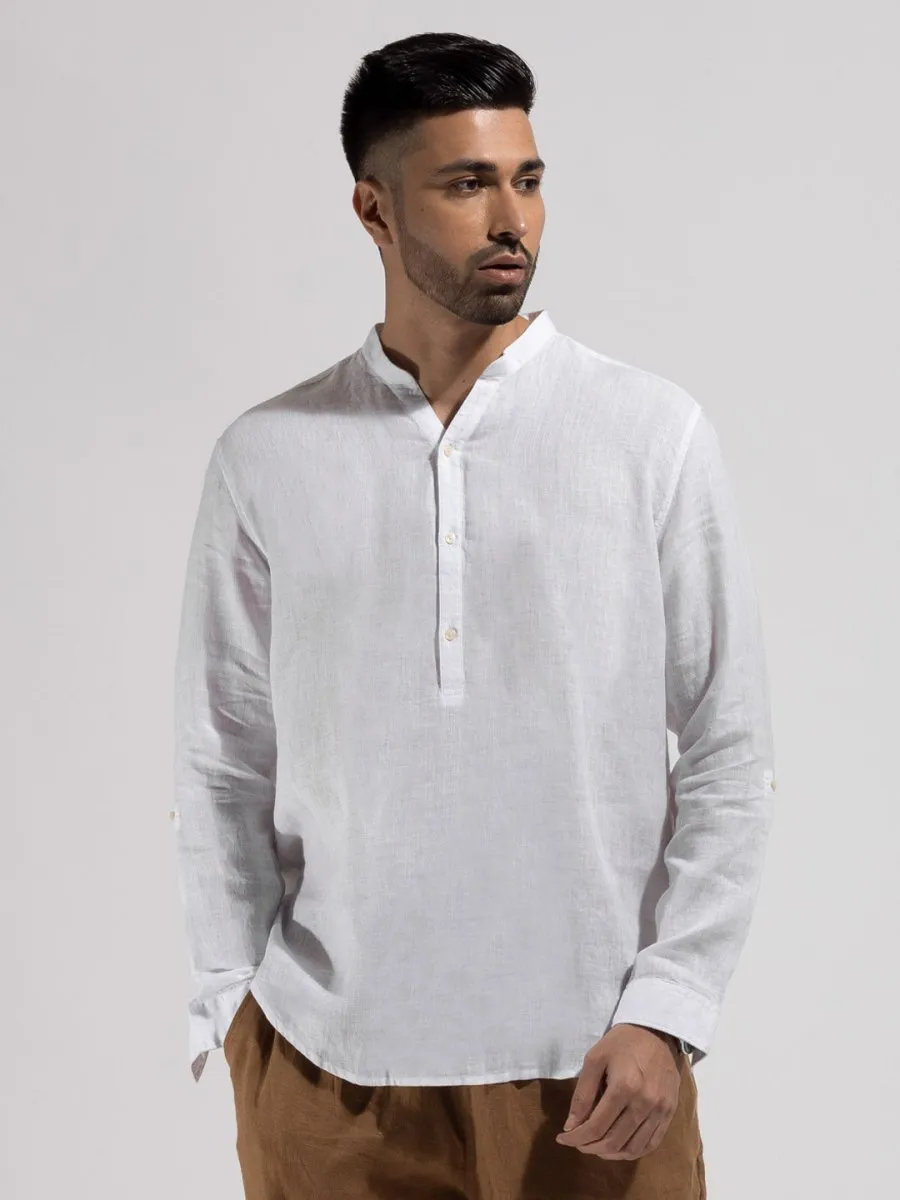 Mandarin Collar Woven White Kurta - Essence