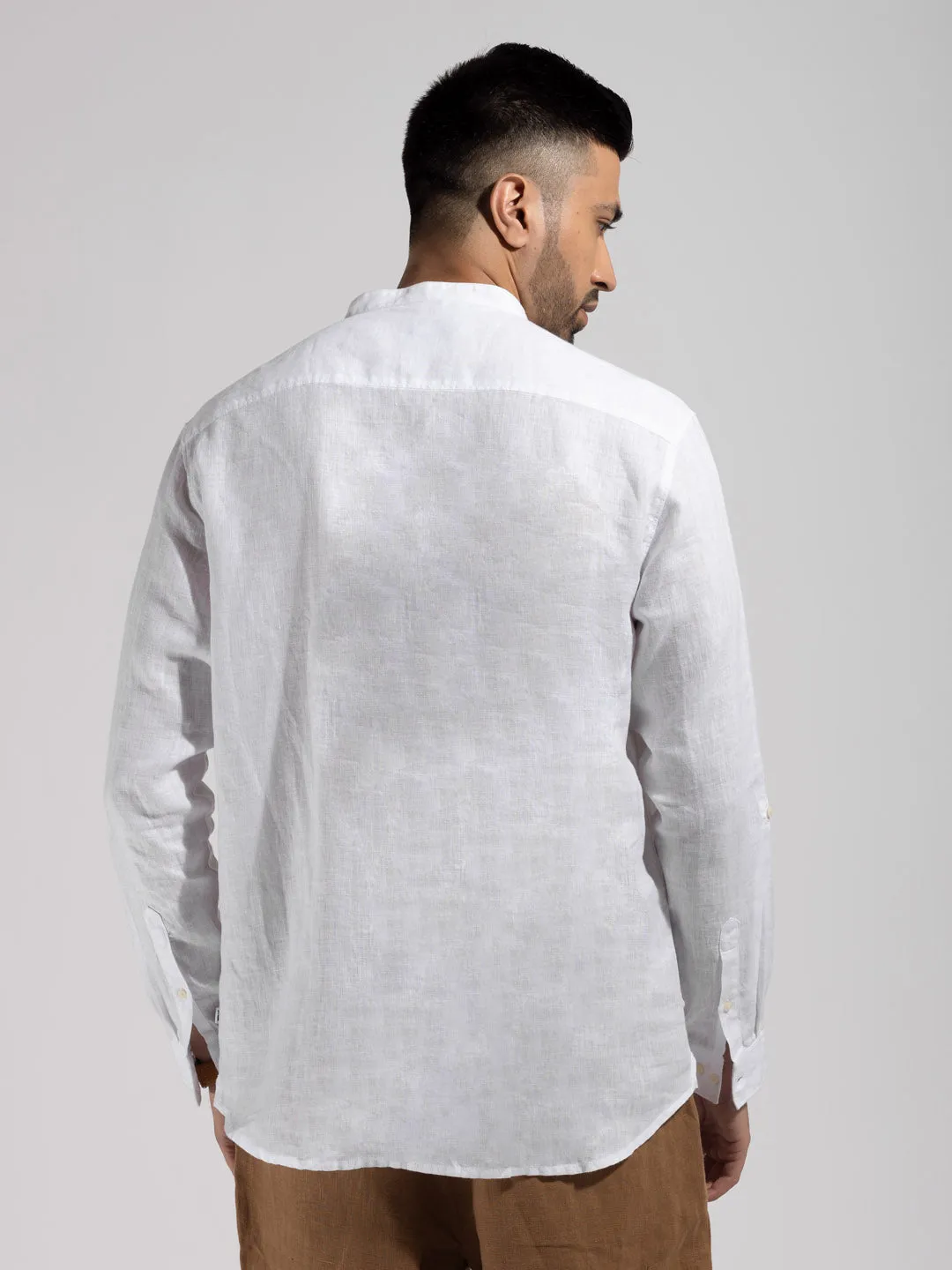 Mandarin Collar Woven White Kurta - Essence