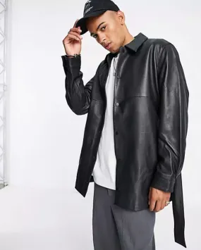 Men’s Black Oversized Leather Shirt With Belt