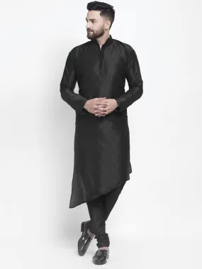 Men's Black Solid Asymmetric Kurta With Churidaar Pyjama - Benstoke