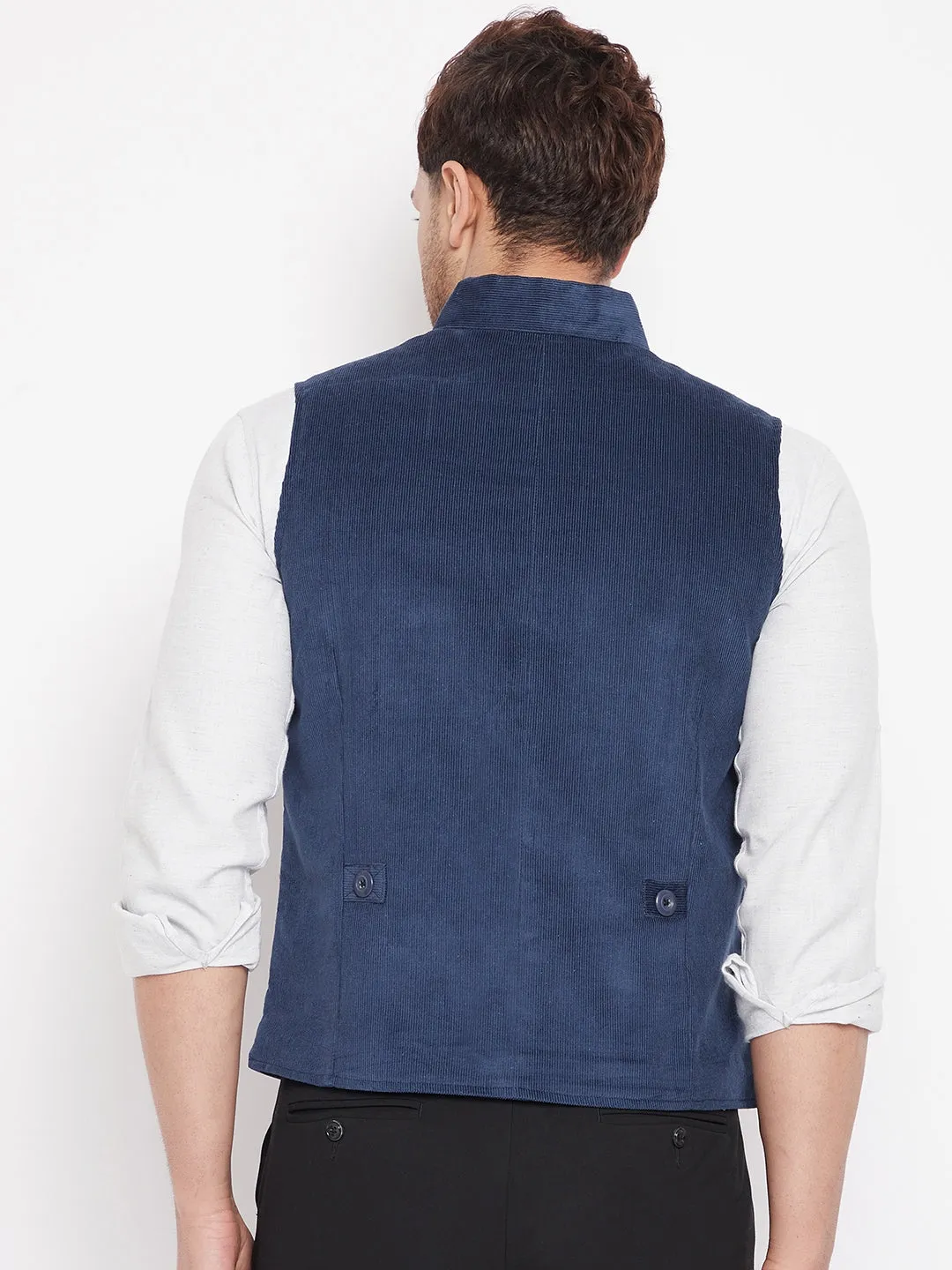 Men's Blue Color Woven Nehru Jacket - Even Apparels