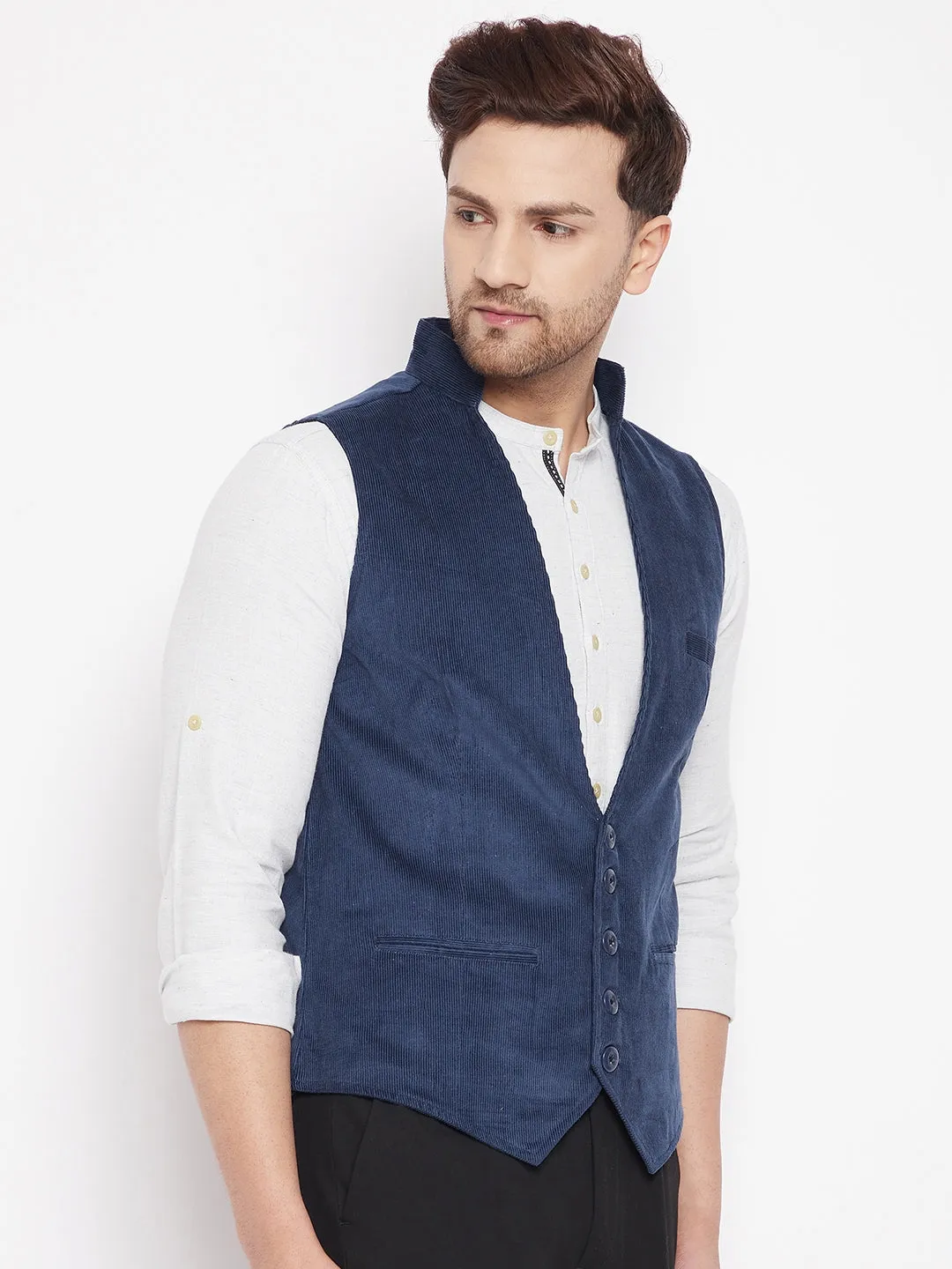 Men's Blue Color Woven Nehru Jacket - Even Apparels