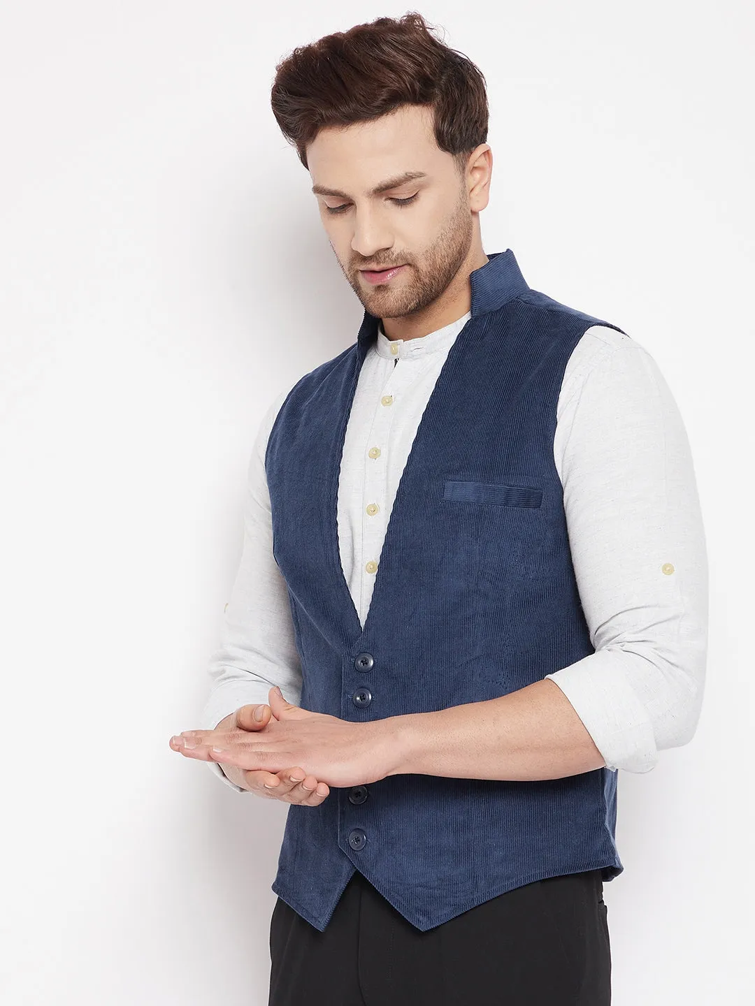 Men's Blue Color Woven Nehru Jacket - Even Apparels