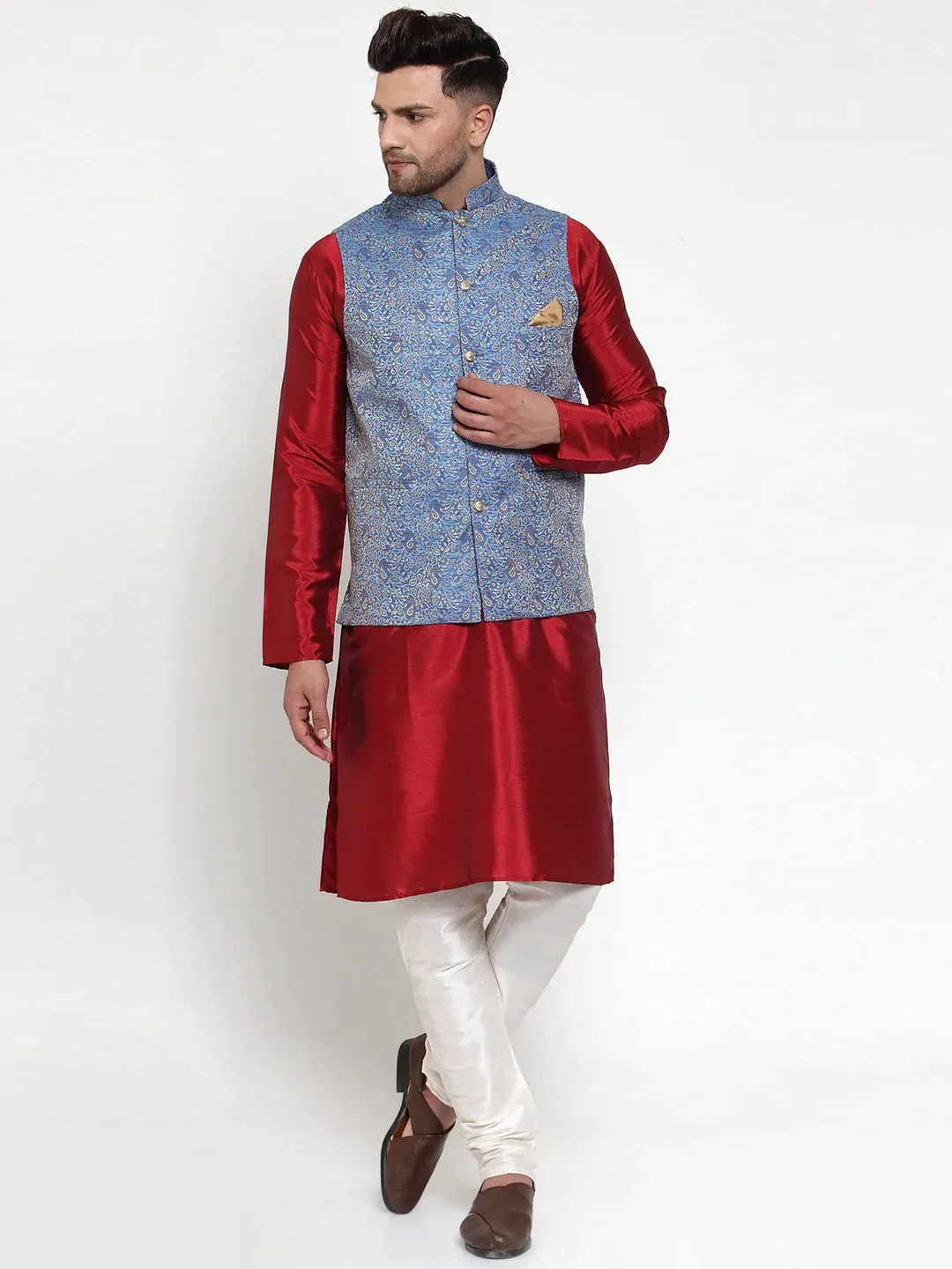 Men'S Blue Woven Jacquard Nehru Jacket