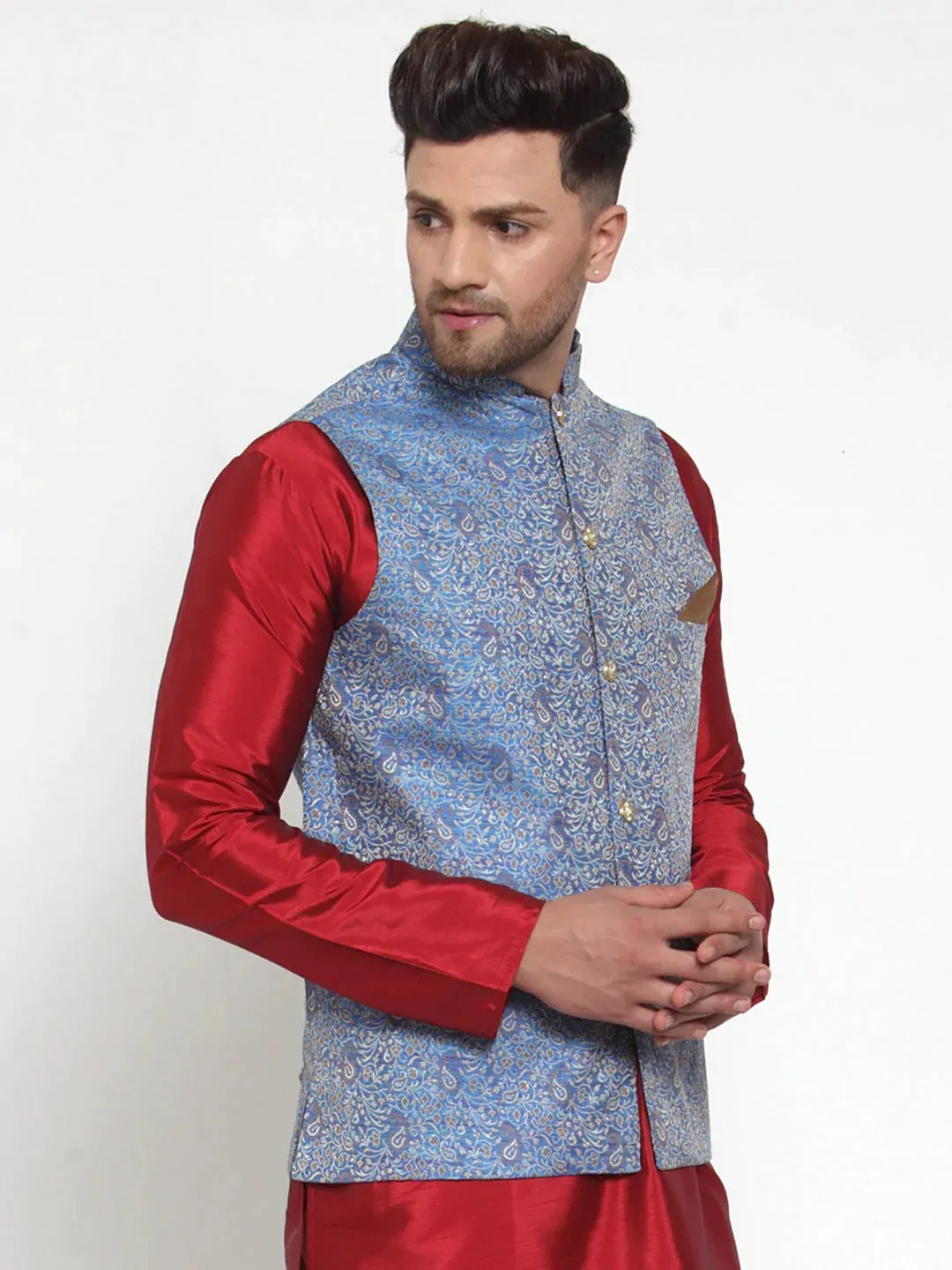 Men'S Blue Woven Jacquard Nehru Jacket