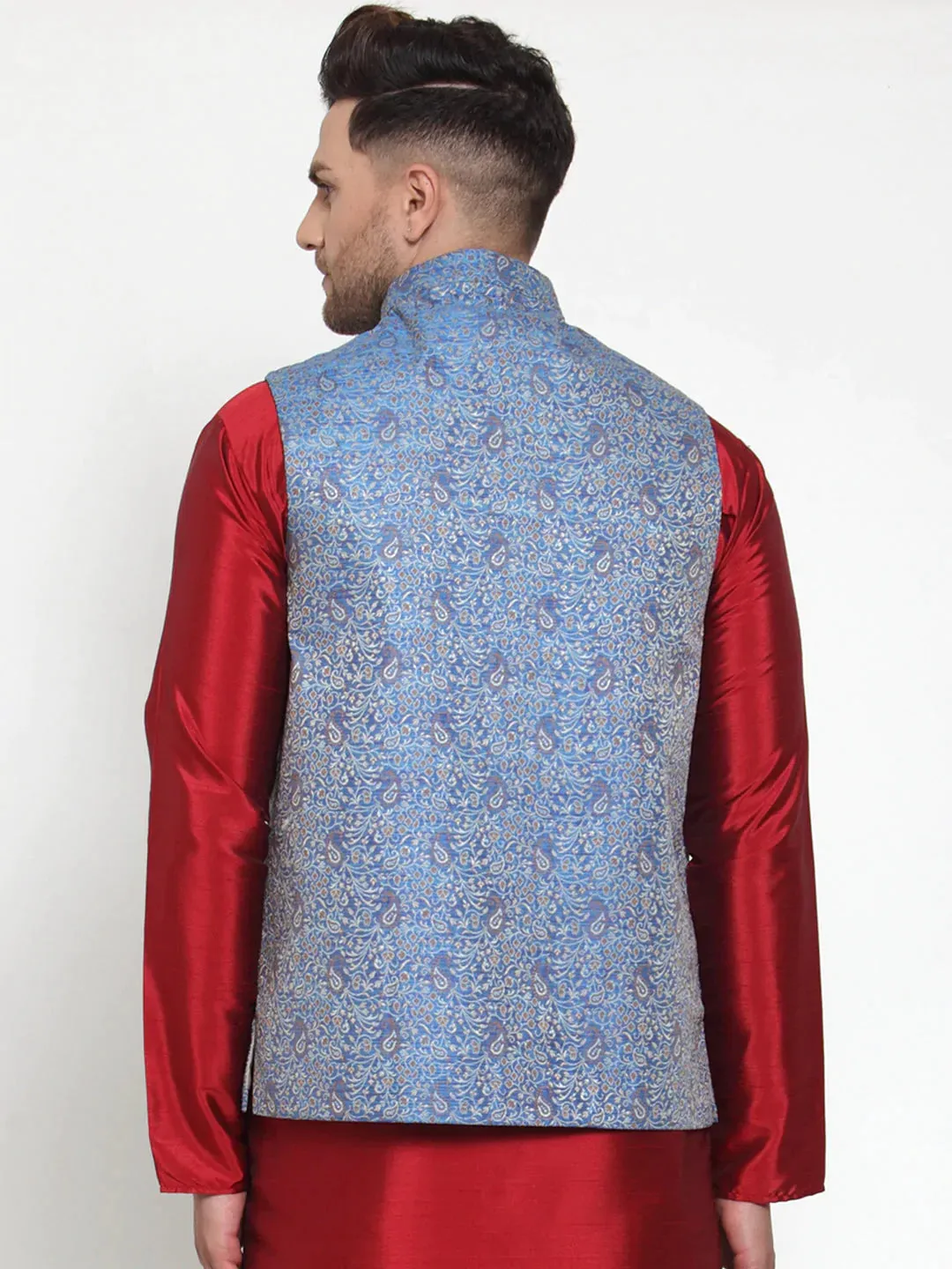 Men'S Blue Woven Jacquard Nehru Jacket