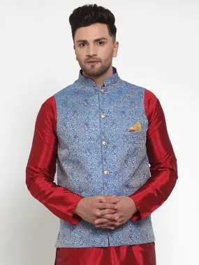 Men'S Blue Woven Jacquard Nehru Jacket