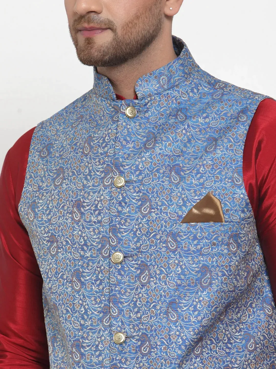 Men'S Blue Woven Jacquard Nehru Jacket