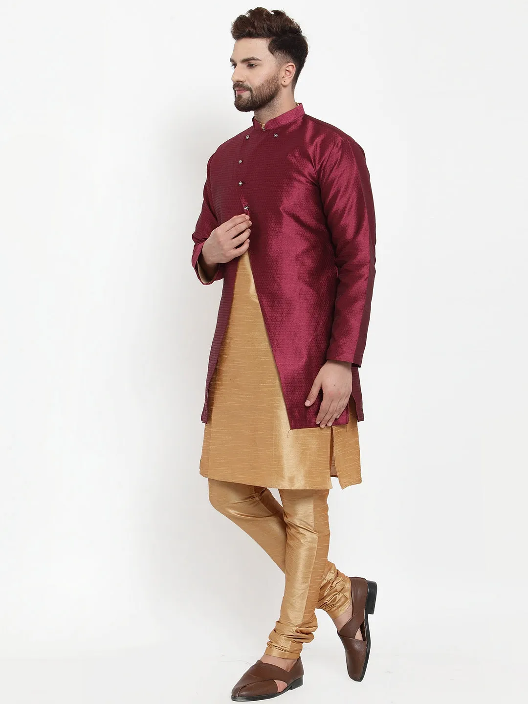 Men's Copper Kurta With Pyjama & Wine Self Design Jacket - Benstoke