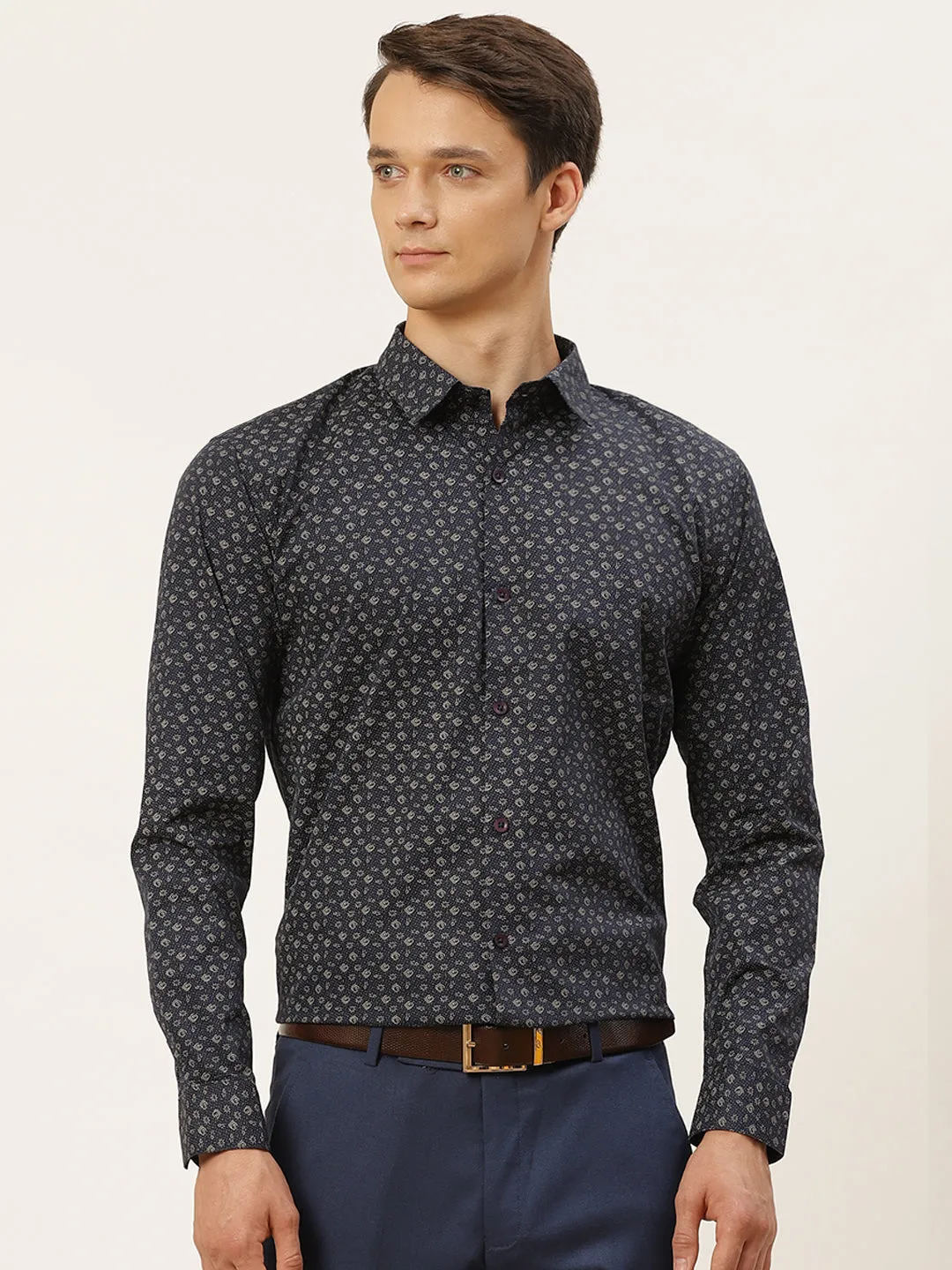 Mens Cotton Teal Blue & Grey Printed Formal Shirt - Sojanya