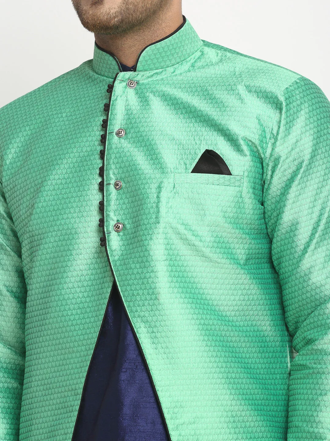 Men's Navy Blue Kurta With Pyjama & Sea Green Self Design Jacket - Benstoke