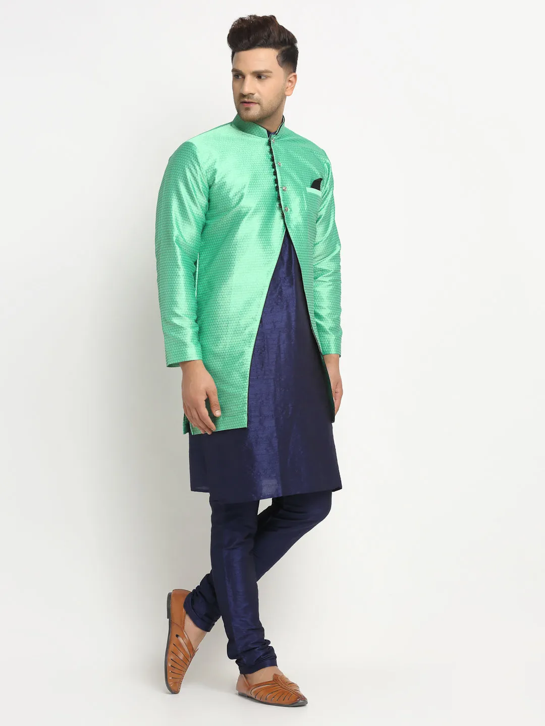 Men's Navy Blue Kurta With Pyjama & Sea Green Self Design Jacket - Benstoke