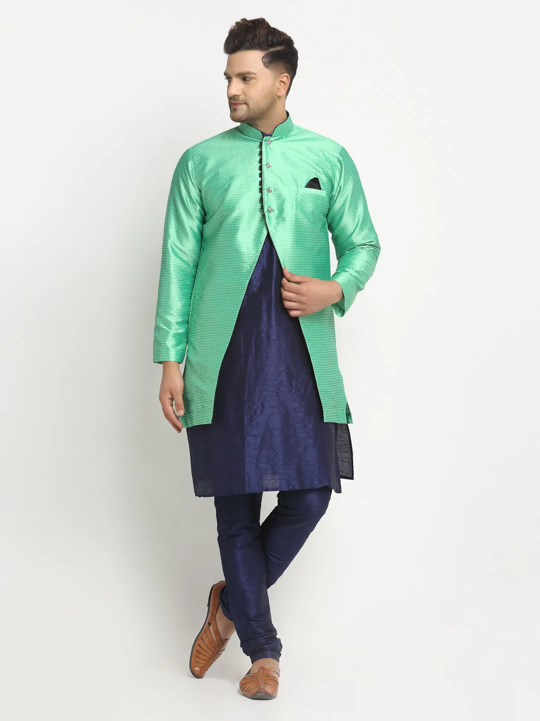 Men's Navy Blue Kurta With Pyjama & Sea Green Self Design Jacket - Benstoke