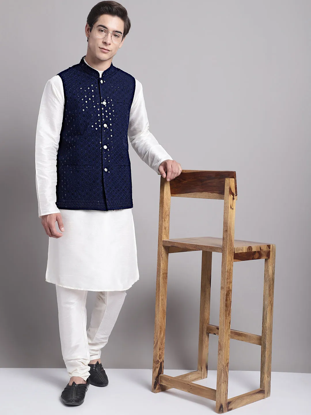 Men'S Navy Blue Sequins And Embroidered Nehru Jacket