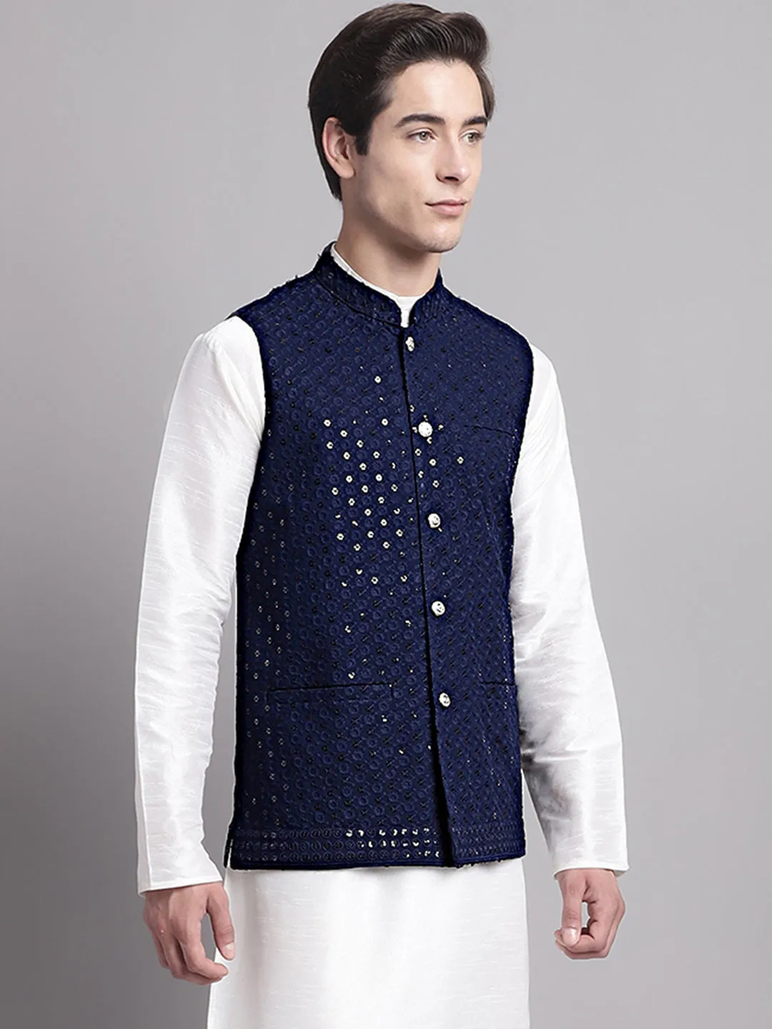 Men'S Navy Blue Sequins And Embroidered Nehru Jacket